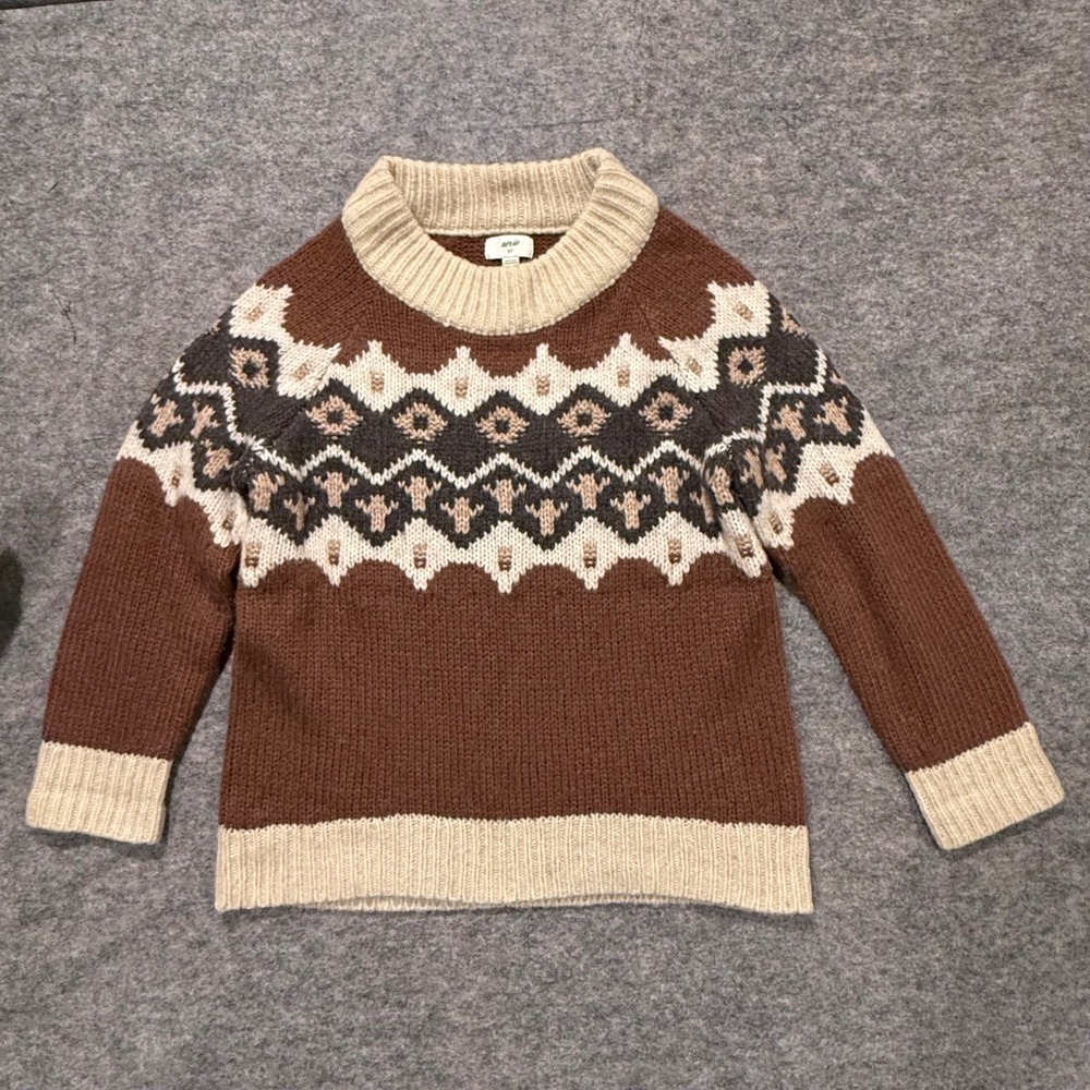Aerie Womens Small Brown Fair Isle Wool Blend Pullover Sweater Mock Neck